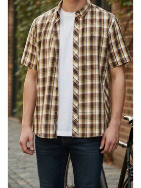 Prana Mens XL Short-Sleeve Plaid Button-Down Shirt Yellow/Cream Organic Cotton